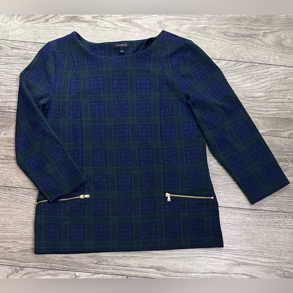 🎄Talbots Navy & Green Tartan Plaid Blouse with Metallic Gold Accents 🎄 - Picture 10 of 12